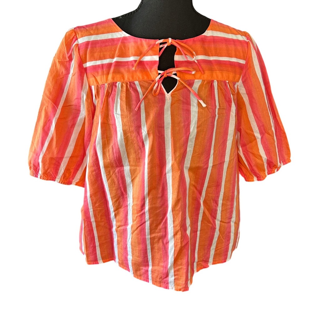 Talbots Pink Orange Stripe Peasant Blouse Medium Coastal Grandma Boho Cotton Top